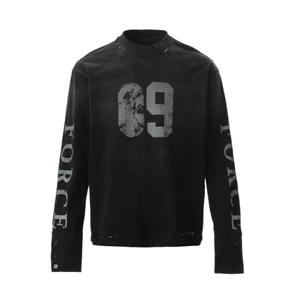 Damage Number Print Washed Long Sleeve T-Shirt WN24090