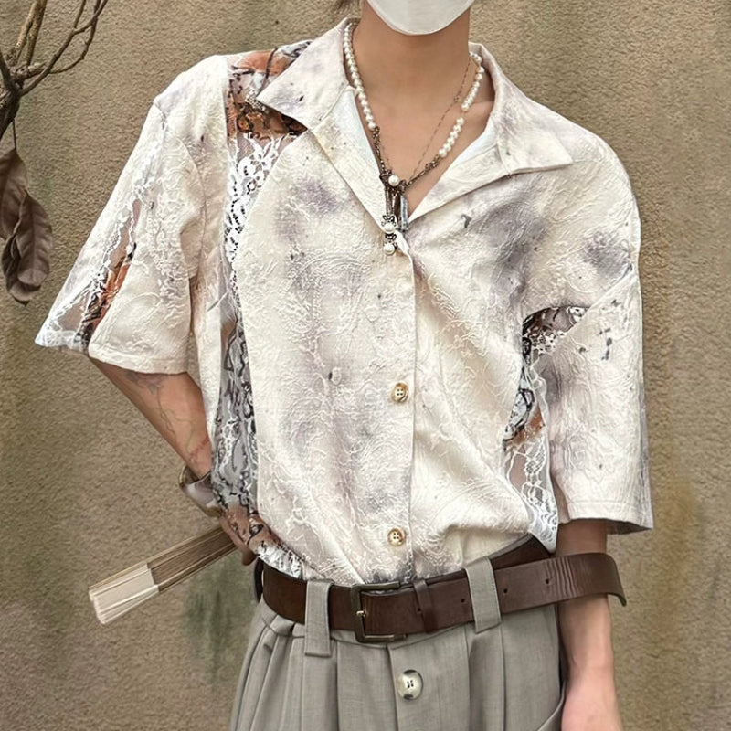 Chinese Style Jacquard Hollow Texture Stand Neck Short Sleeve Shirt WN19997