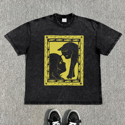 Cat Print Washed Short Sleeve T-Shirt WN15823