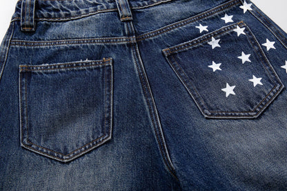 Star Print Curved Wide Leg Denim Jeans WN25727