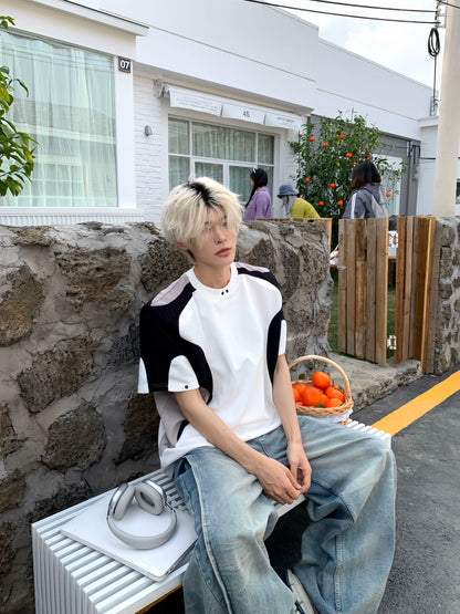 Color Block Panel Sporty Shoulder-Pad Oversize Short Sleeve T-Shirt WN19896