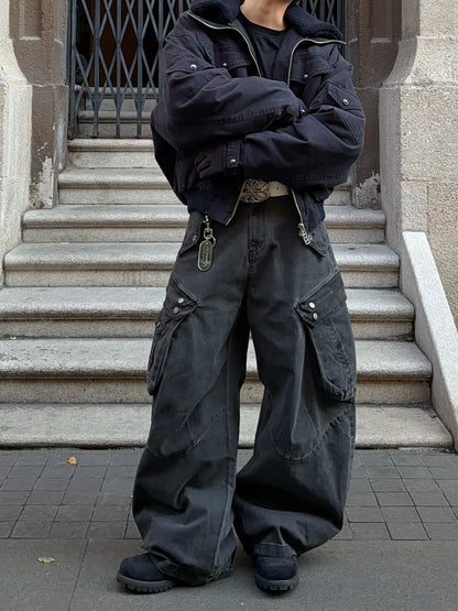 Washed Multi-Pocket Wide Leg Cargo Pants WN24391