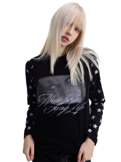 Raglan Star Portrait Graphic Print Long Sleeve T-Shirt WN27249
