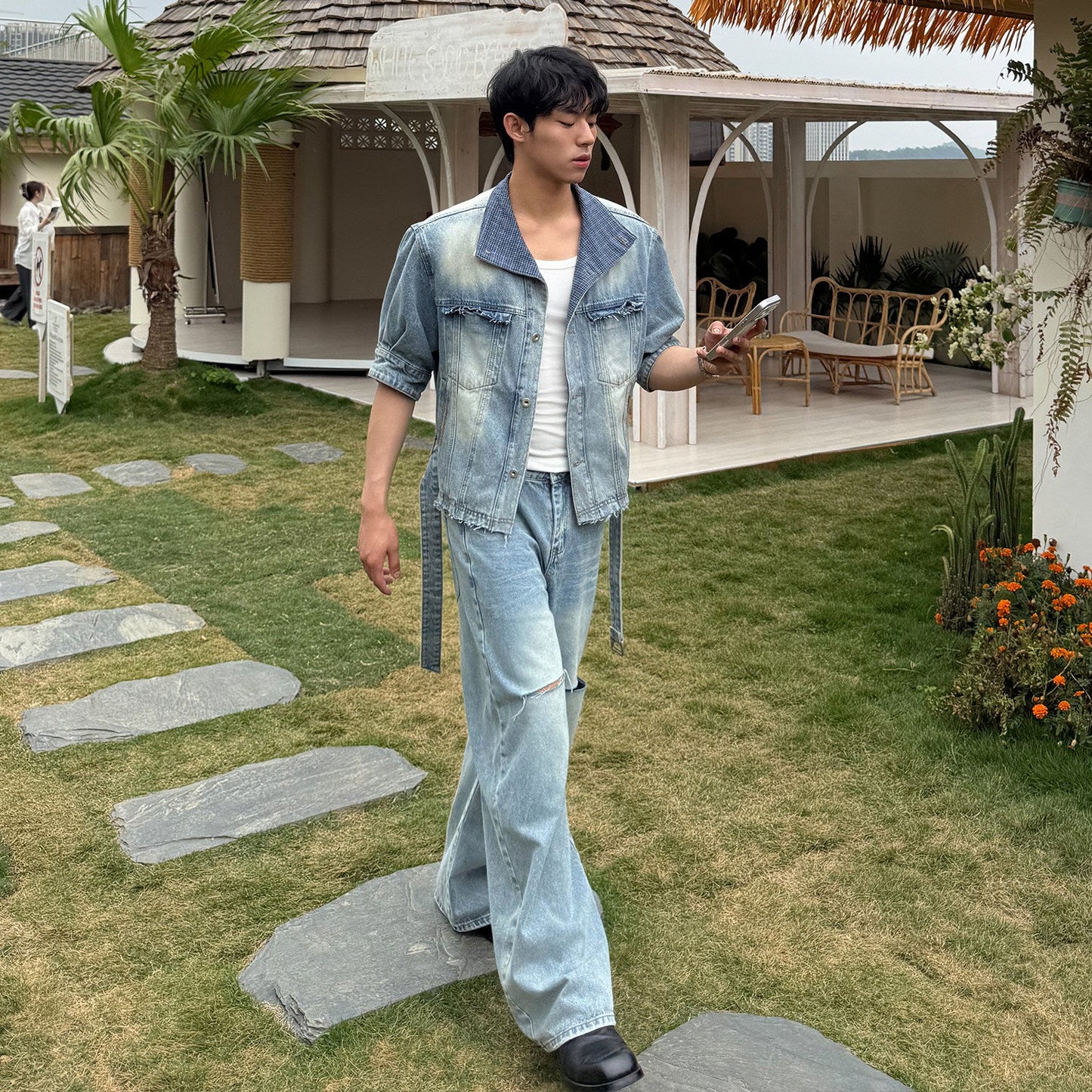 Washed Denim Short Sleeve Shirt & Damage Wide Leg Denim Jeans Setup WN24877