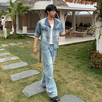 Washed Denim Short Sleeve Shirt & Damage Wide Leg Denim Jeans Setup WN24877