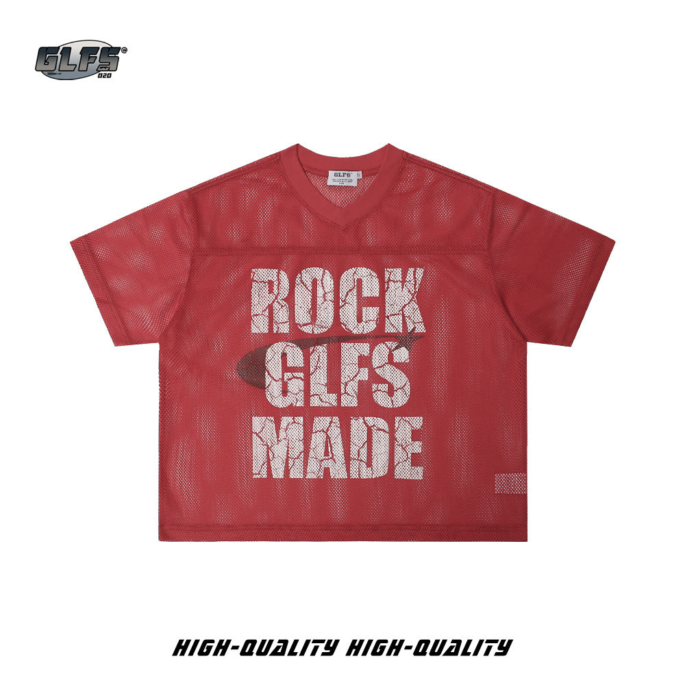 Mesh Letter Print V-Neck Short Sleeve T-Shirt WN26482
