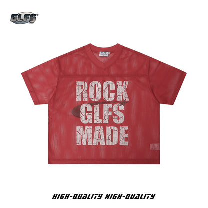Mesh Letter Print V-Neck Short Sleeve T-Shirt WN26482