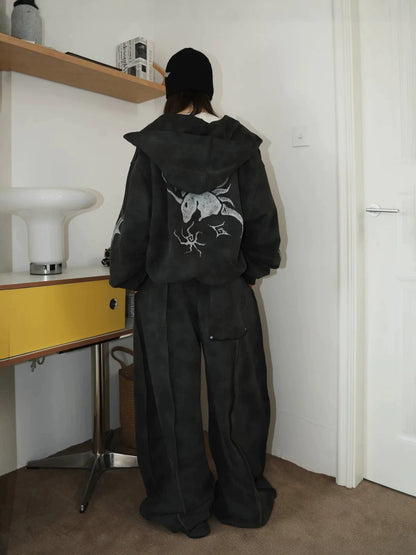 Moon Phase Starburst Oversize Zipper Hoodie & Wide Leg Sweatpants Setup WN27868