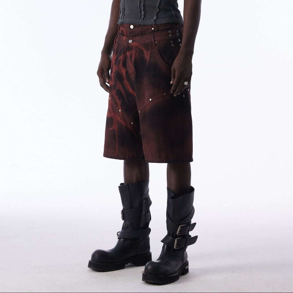 Washed Graffiti Dirty-Dye Denim Half Pants WN25741