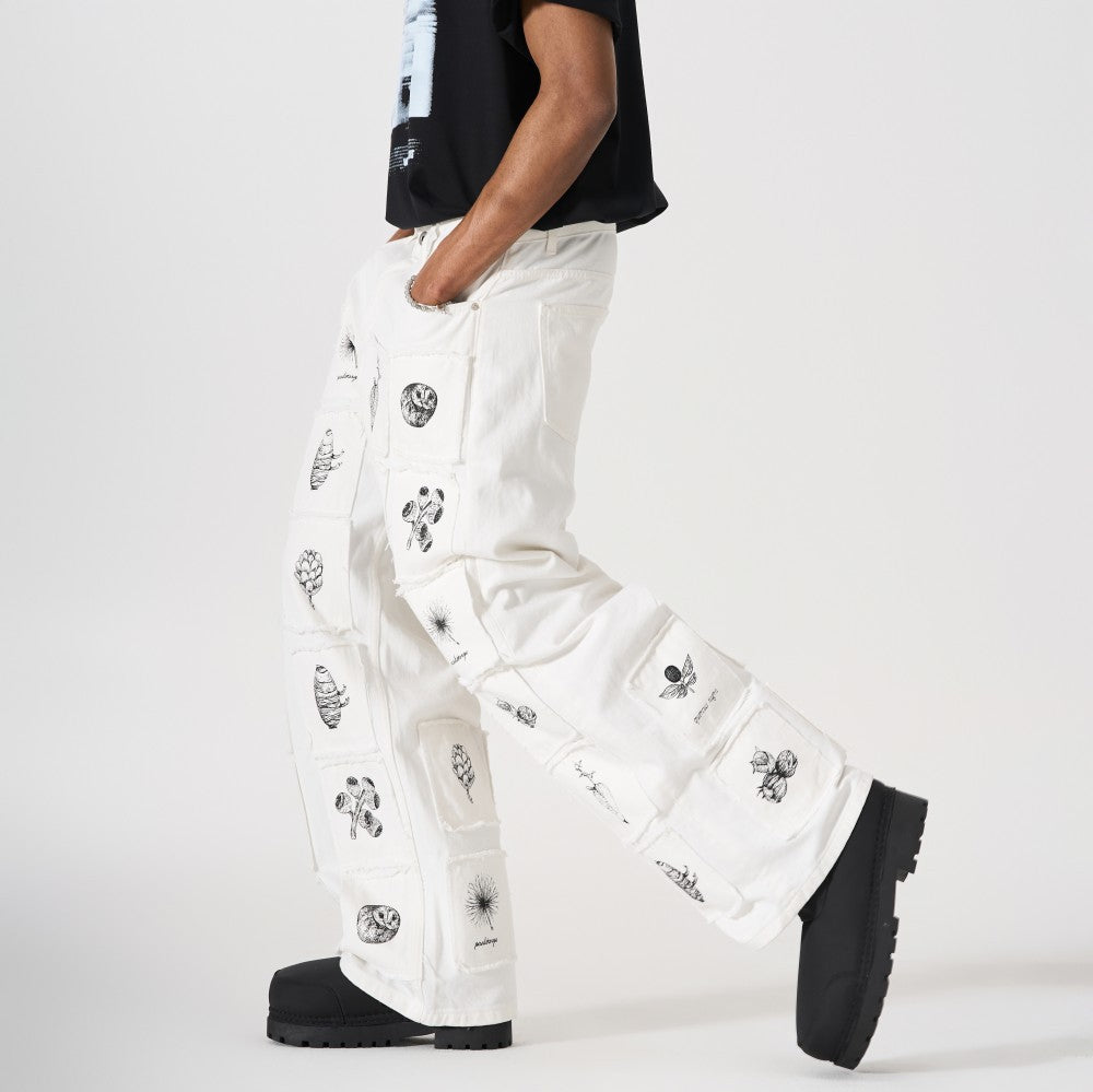 Deconstructed Sketch Applique Print Wide Leg Denim Jeans WN27884