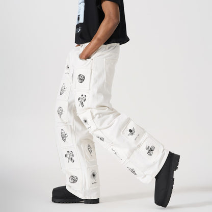 Deconstructed Sketch Applique Print Wide Leg Denim Jeans WN27884