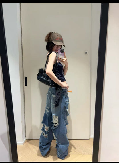 Damage Washed Wide Leg Denim Jeans WN27962
