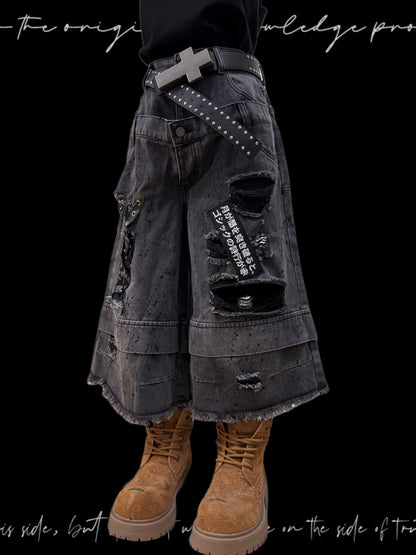 Damage Cutout Raw Hem Wide Leg Denim Jeans & Skull Belt & Cross Belt & Belt Chain WN23828