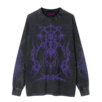 Totem Rock Design Oversize Washed Long Sleeve T-Shirt WN15899