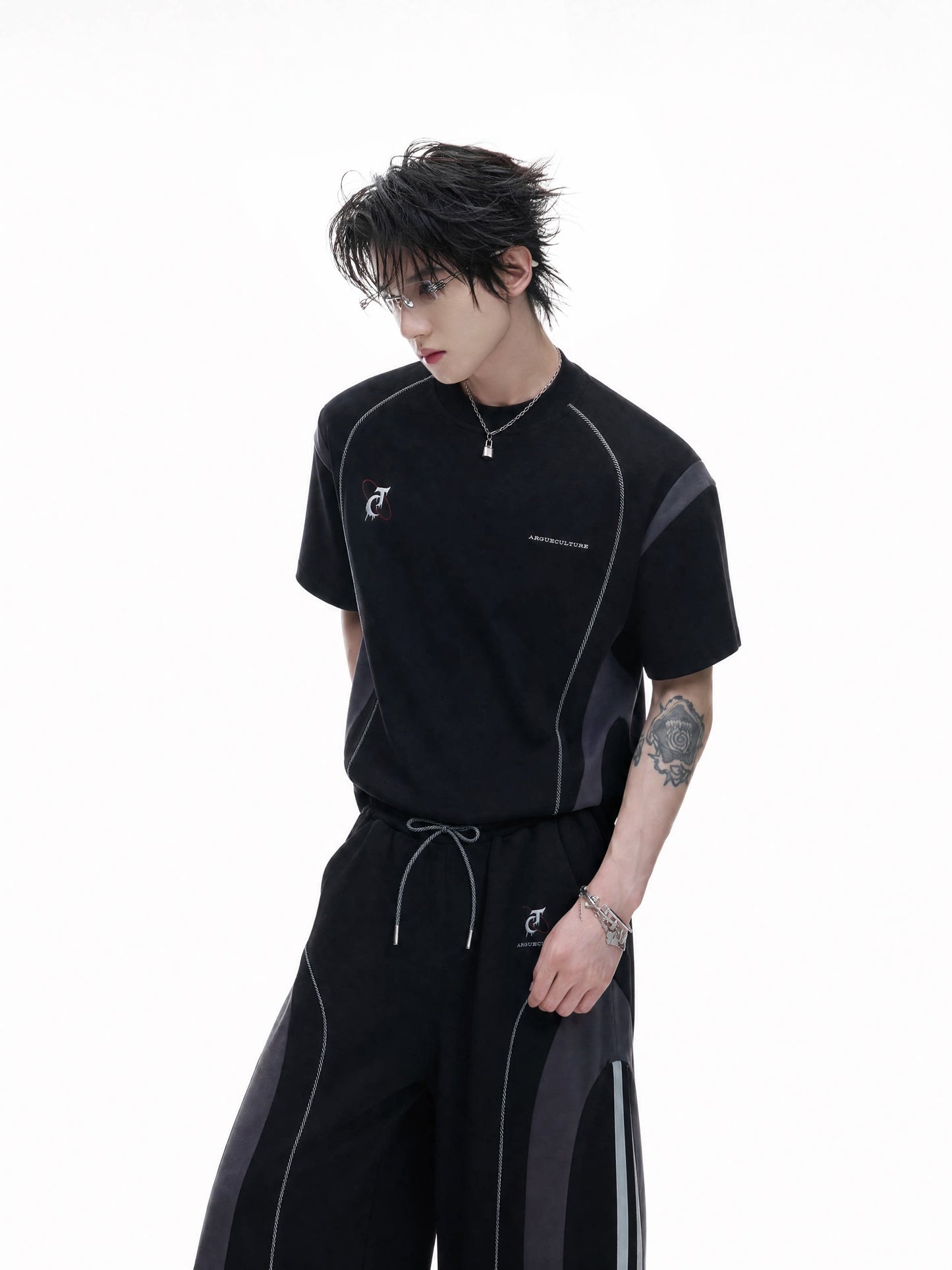 Contrast Sporty Short Sleeve T-Shirt & Contrast Wide Leg Pants Setup WN27029