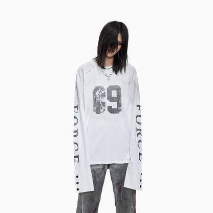 Hole Washed Stain Button-Cuff Long Sleeve T-Shirt WN27302
