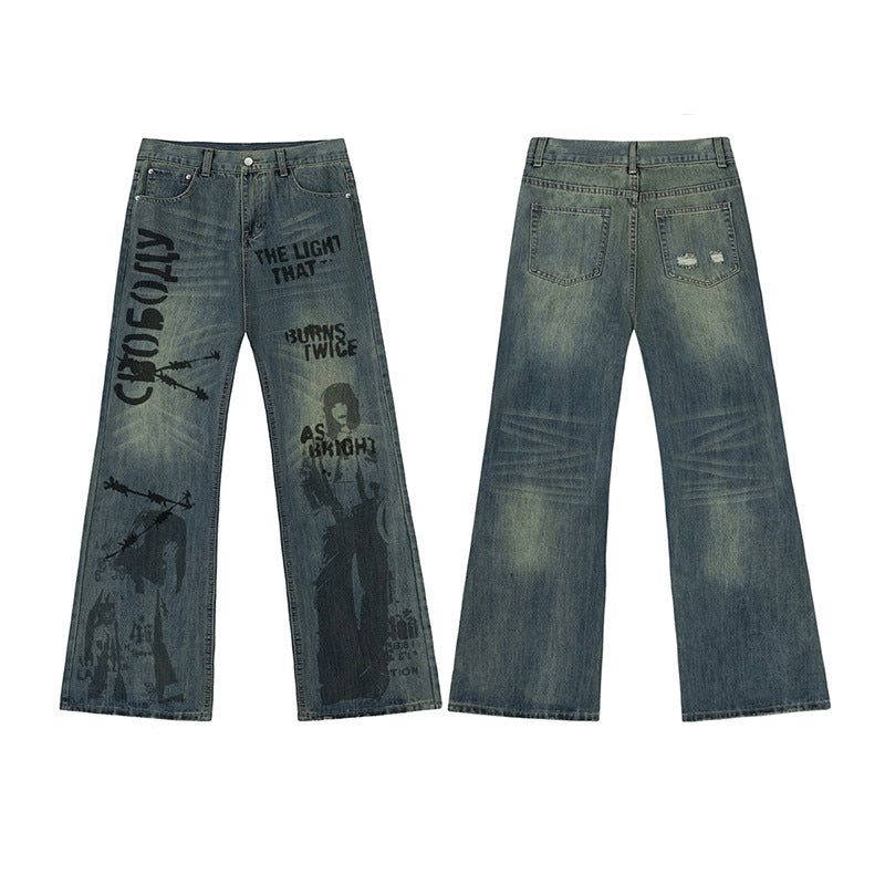 Graffiti Print Damage Wide-Leg Straight Denim Jeans WN11154