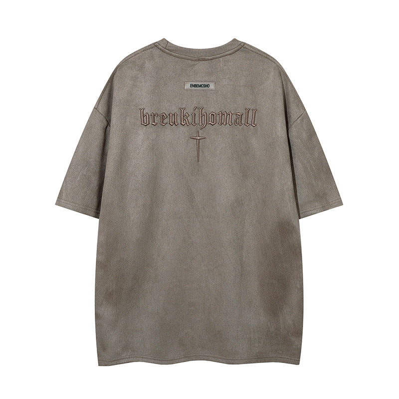 Cross Embroidery Suede Oversize Short Sleeve T-Shirt WN16554