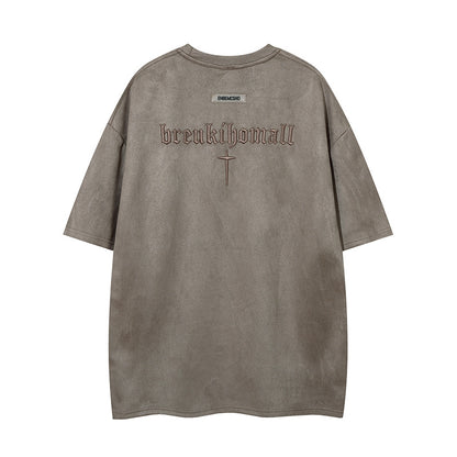 Cross Embroidery Suede Oversize Short Sleeve T-Shirt WN16554
