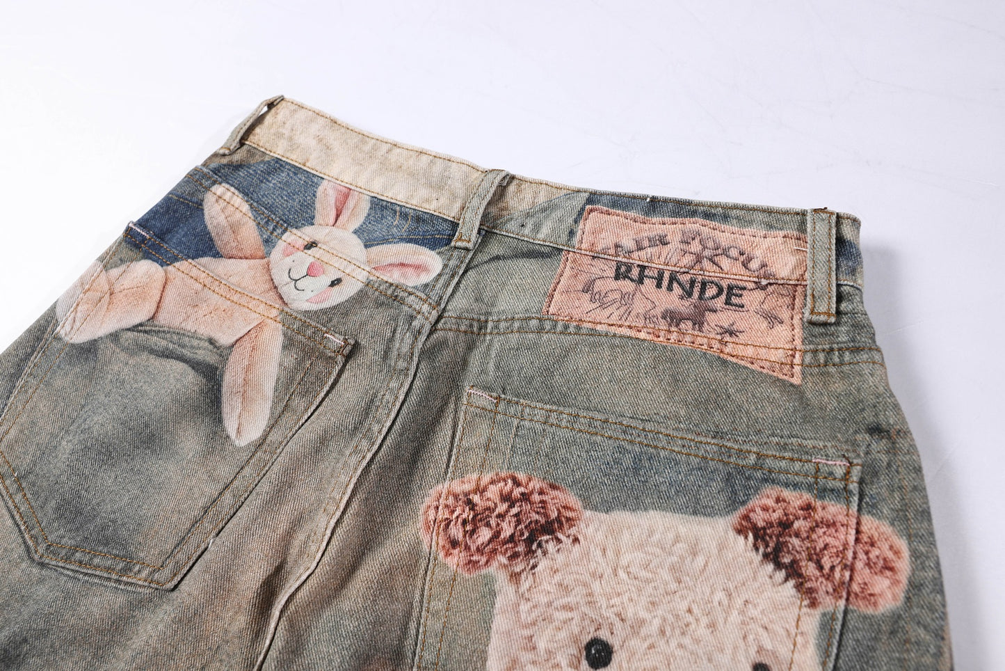 Washed 3D Graphic Print Wide Leg Denim Jeans WN26139