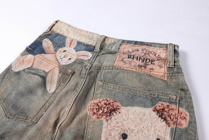 Washed 3D Graphic Print Wide Leg Denim Jeans WN26139