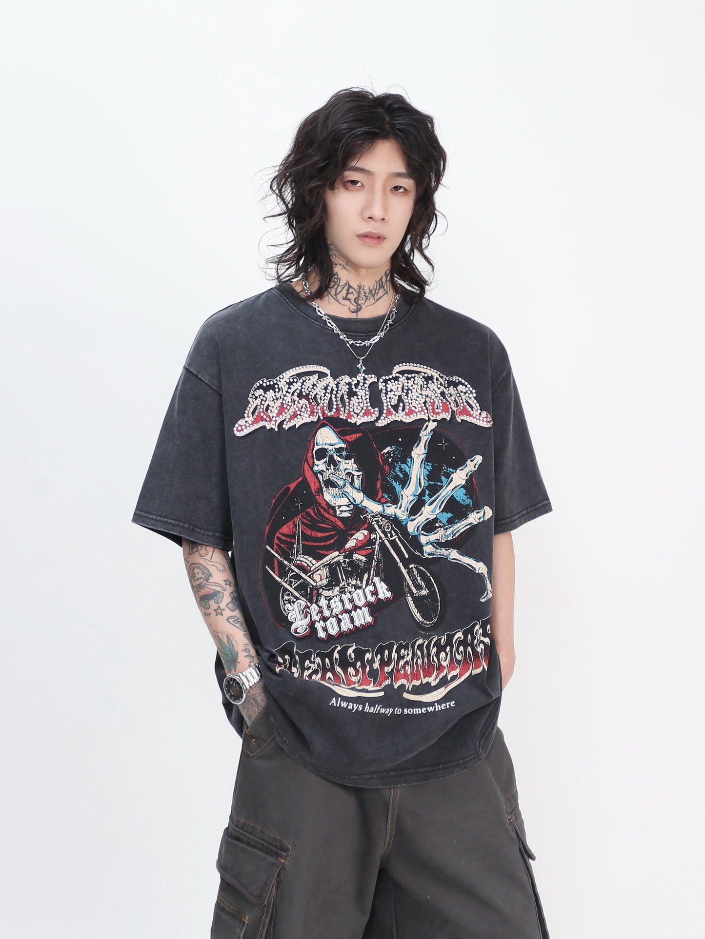 Skull Motorcycle Graphic Print Oversize Short Sleeve T-Shirt WN24496