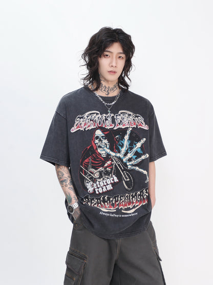 Skull Motorcycle Graphic Print Oversize Short Sleeve T-Shirt WN24496