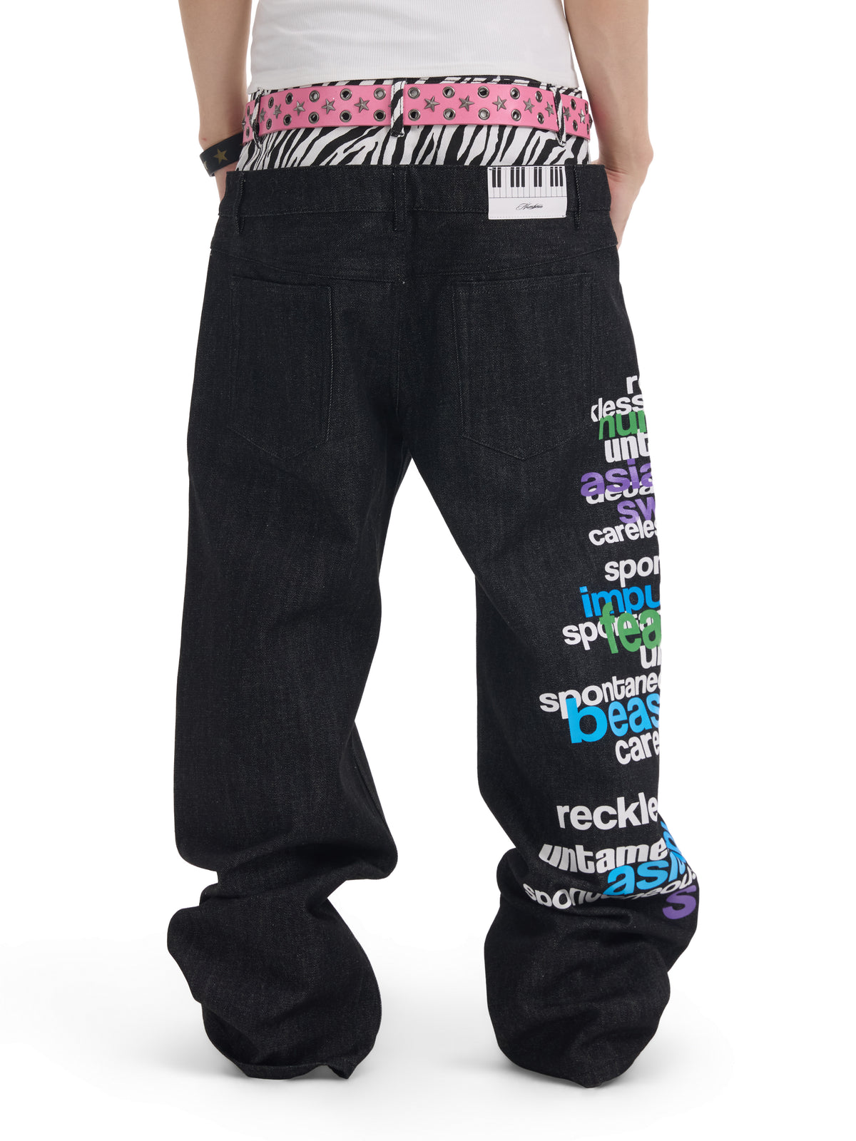 Double Waist Zebra Letter Print Wide Leg Denim Jeans WN27204