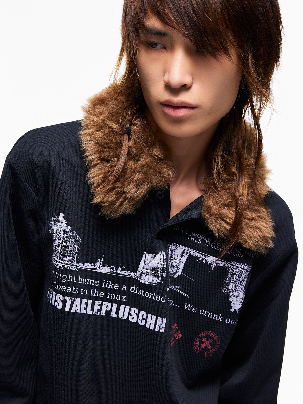 Graphic Print Detachable Fur Collar Long Sleeve T-Shirt WN27269