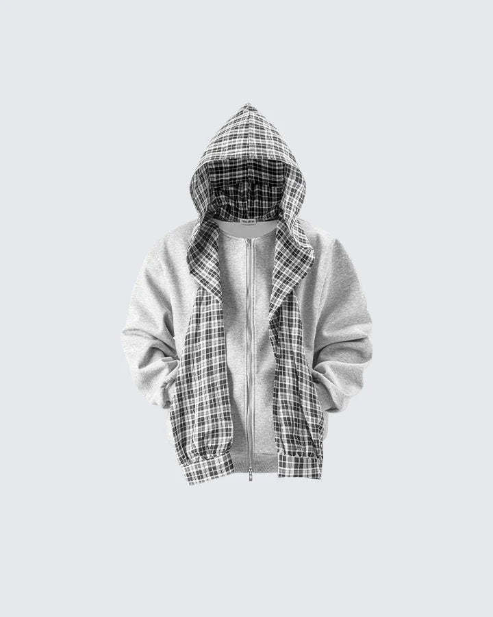 Plaid Scarf Zipper Jacket & Wide Leg Drawstring Pants Setup WN28040