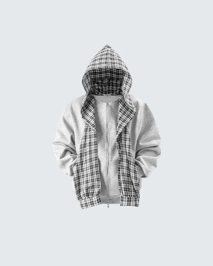 Plaid Scarf Zipper Jacket & Wide Leg Drawstring Pants Setup WN28040