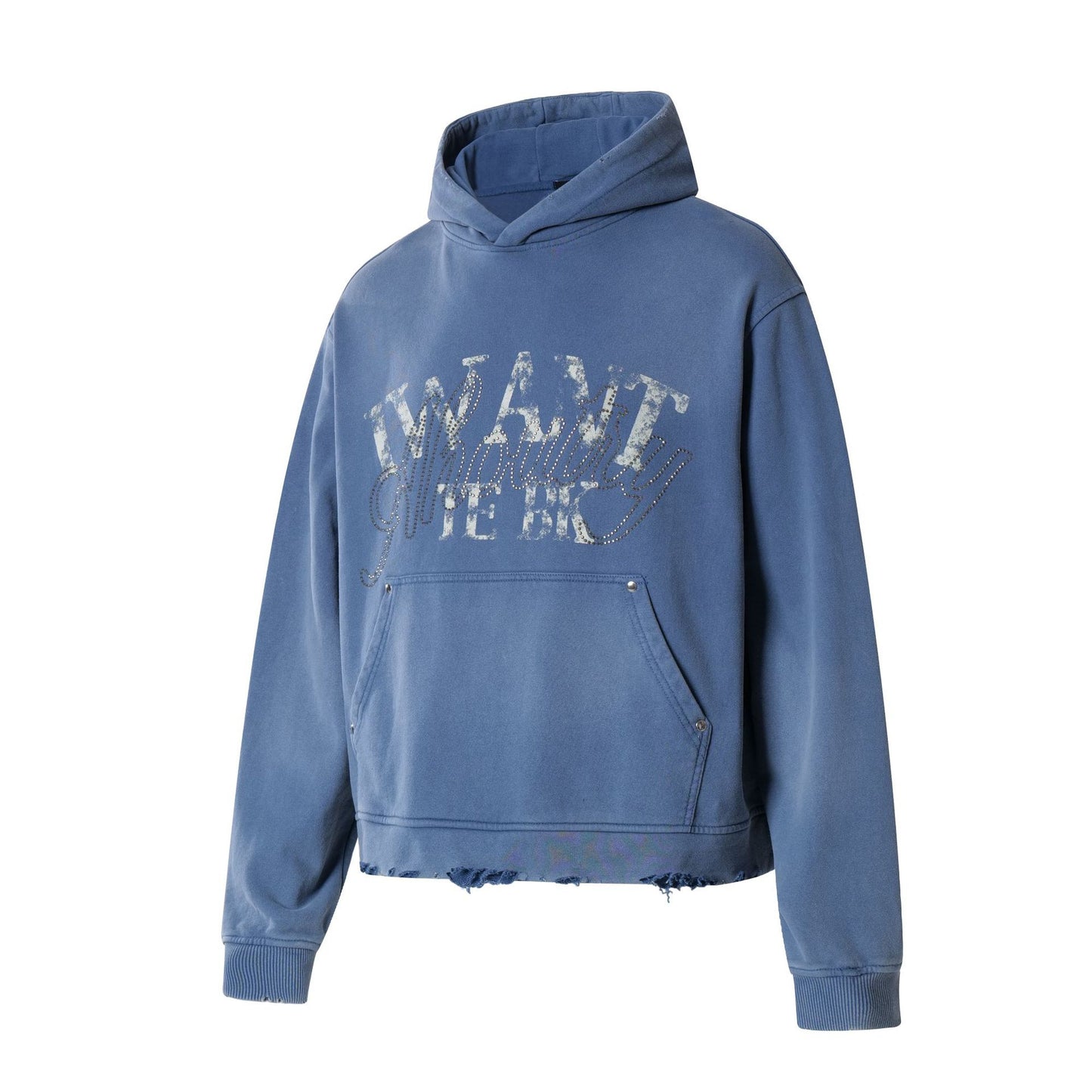 Washed Letter Rhinestone Design Damage Hoodie WN25384