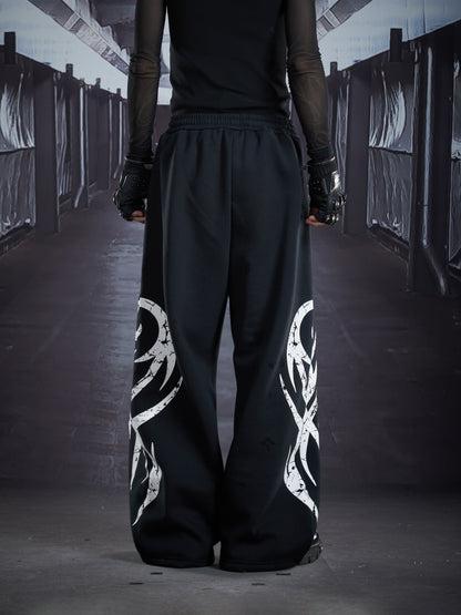 Totem Print Elastic Waist Fleece Lining Straight Sporty Pants WN22885