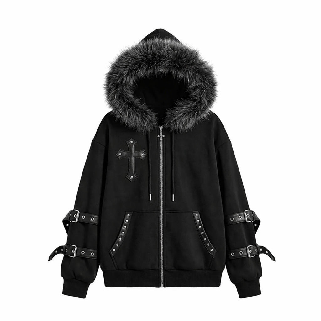 Cross Leather Patch Fake Fur Collar Belt Buckle Hoodied Jacket WN27908