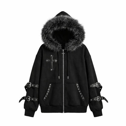 Cross Leather Patch Fake Fur Collar Belt Buckle Hoodied Jacket WN27908