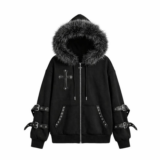 Cross Leather Patch Fake Fur Collar Belt Buckle Hoodied Jacket WN27908