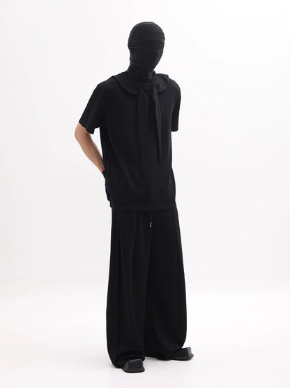 Scarf Collar Design Oversize Short Sleeve T-Shirt & Wide Leg Sweatpants Setup WN18658