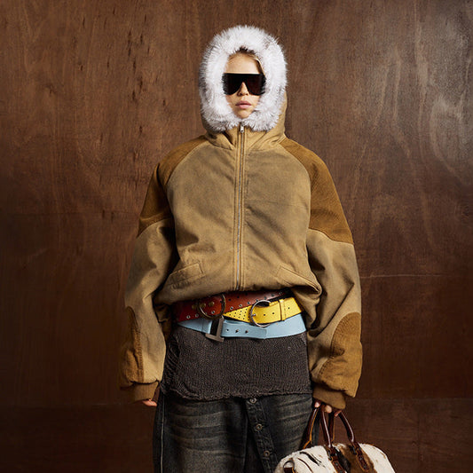 Hooded Fake Fur Collar Washed Puffer Jacket WN21895