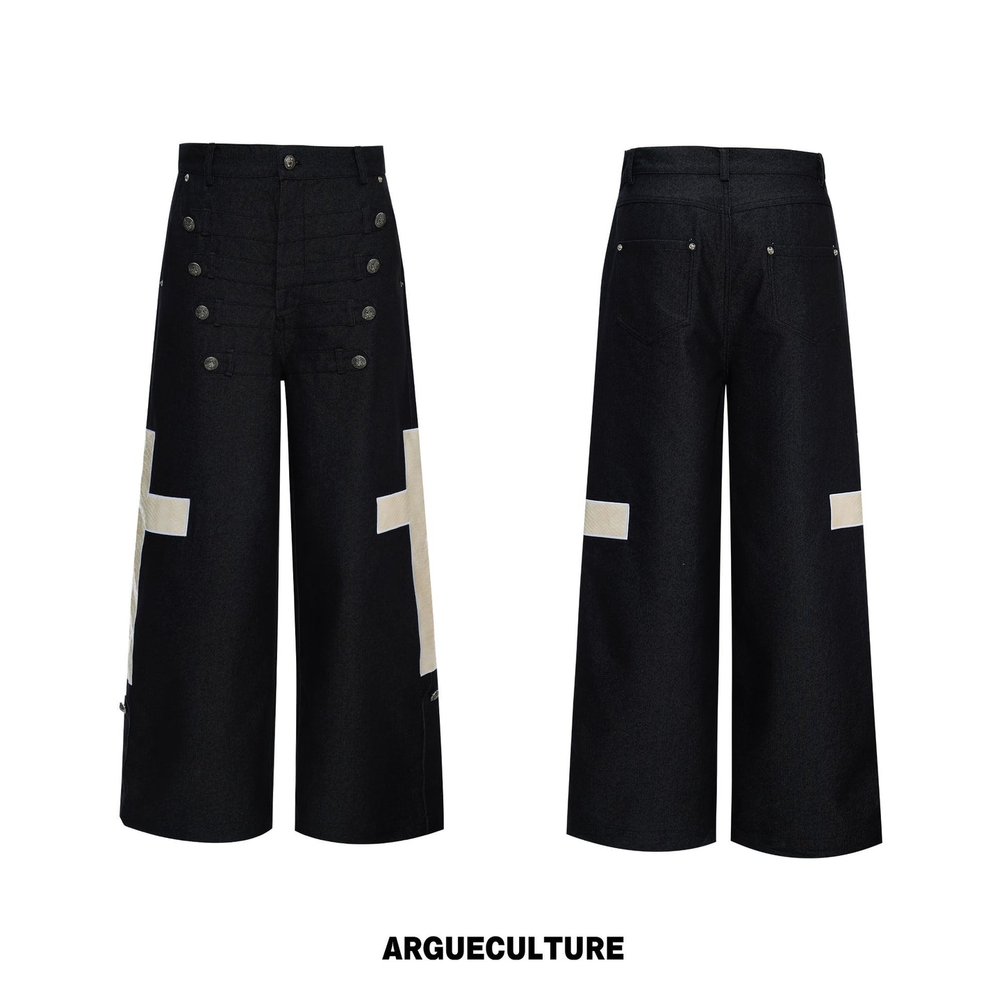 Double-Breasted Leather Collar Short Sleeve Shirt & Cross Patch Wide Leg Denim Jeans Setup WN26970