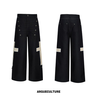 Croc Pattern Leather Cross Patch Double-Breasted Wide Leg Denim Jeans WN26971