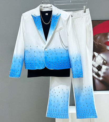Rhinestone Chain Short Tailored Jacket & Spray Print Micro Flare Trousers Setup WN23937