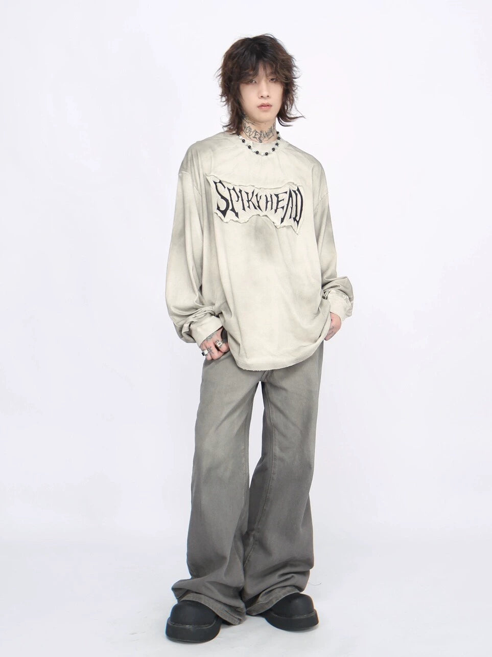 Oversize Washed Embroidery Long Sleeve T-shirt WN7705