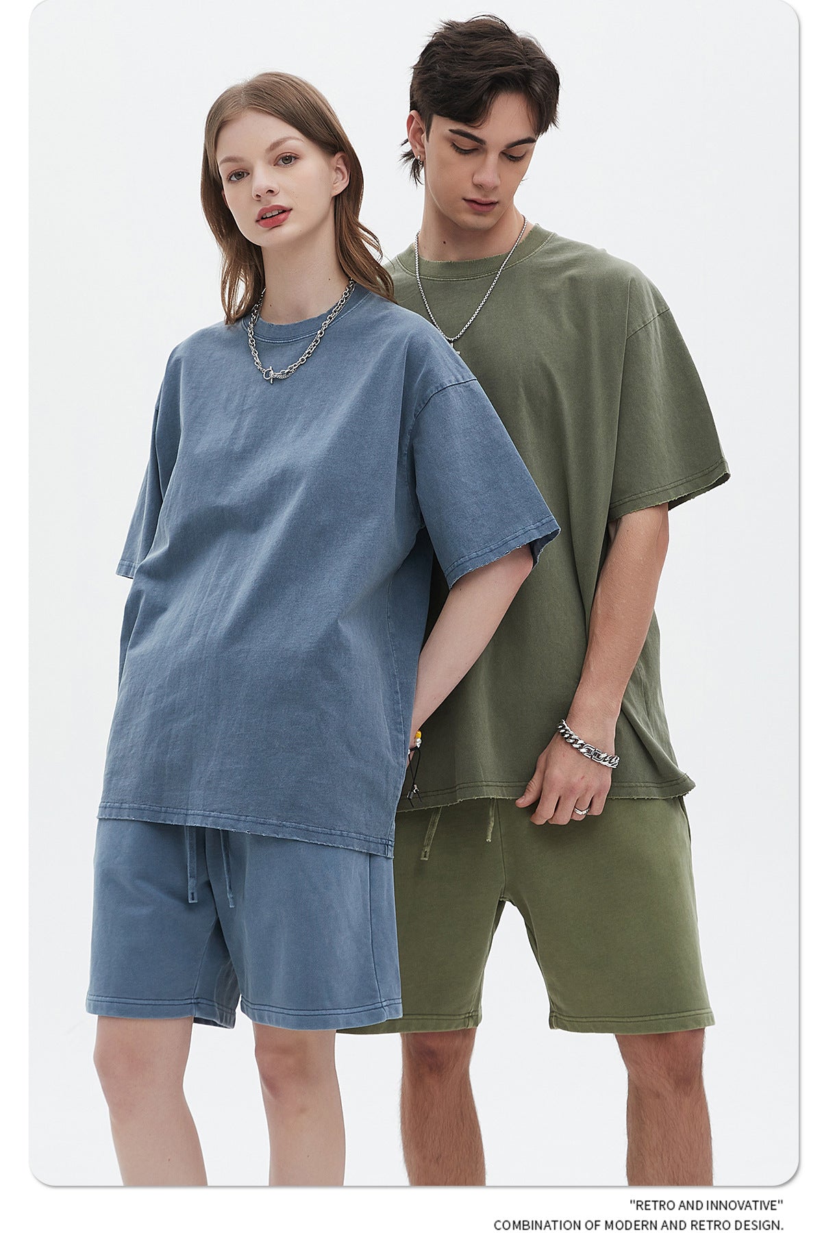 Washed Dyed Oversize Damage Short-sleeve T-shirt & Short Sweatpants Setup WN6630