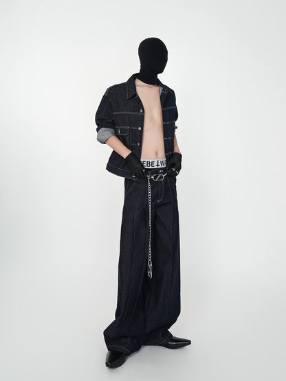 Contrast Stitch Short Jacket & Wide Leg Denim Jeans Setup WN24140