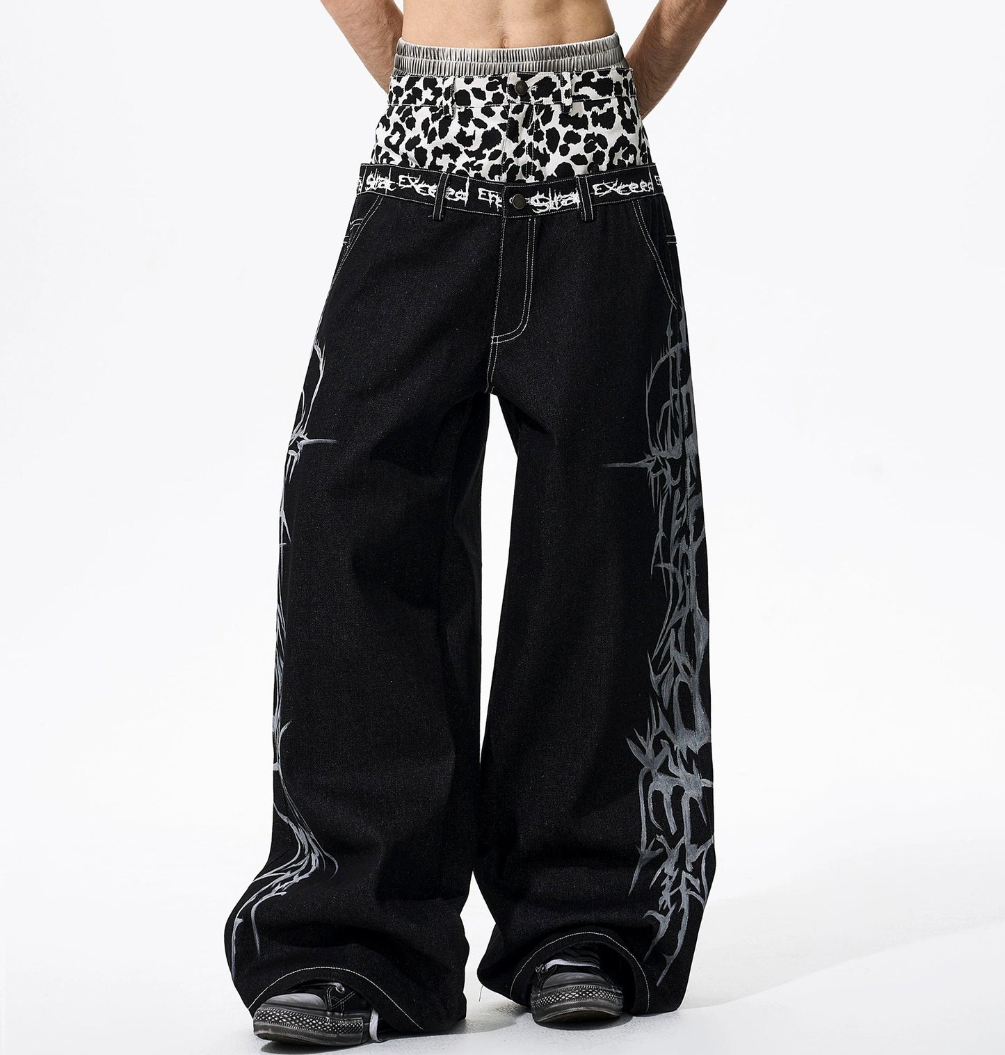 Leopard Mix Print Double Waist Denim Jeans WN21777