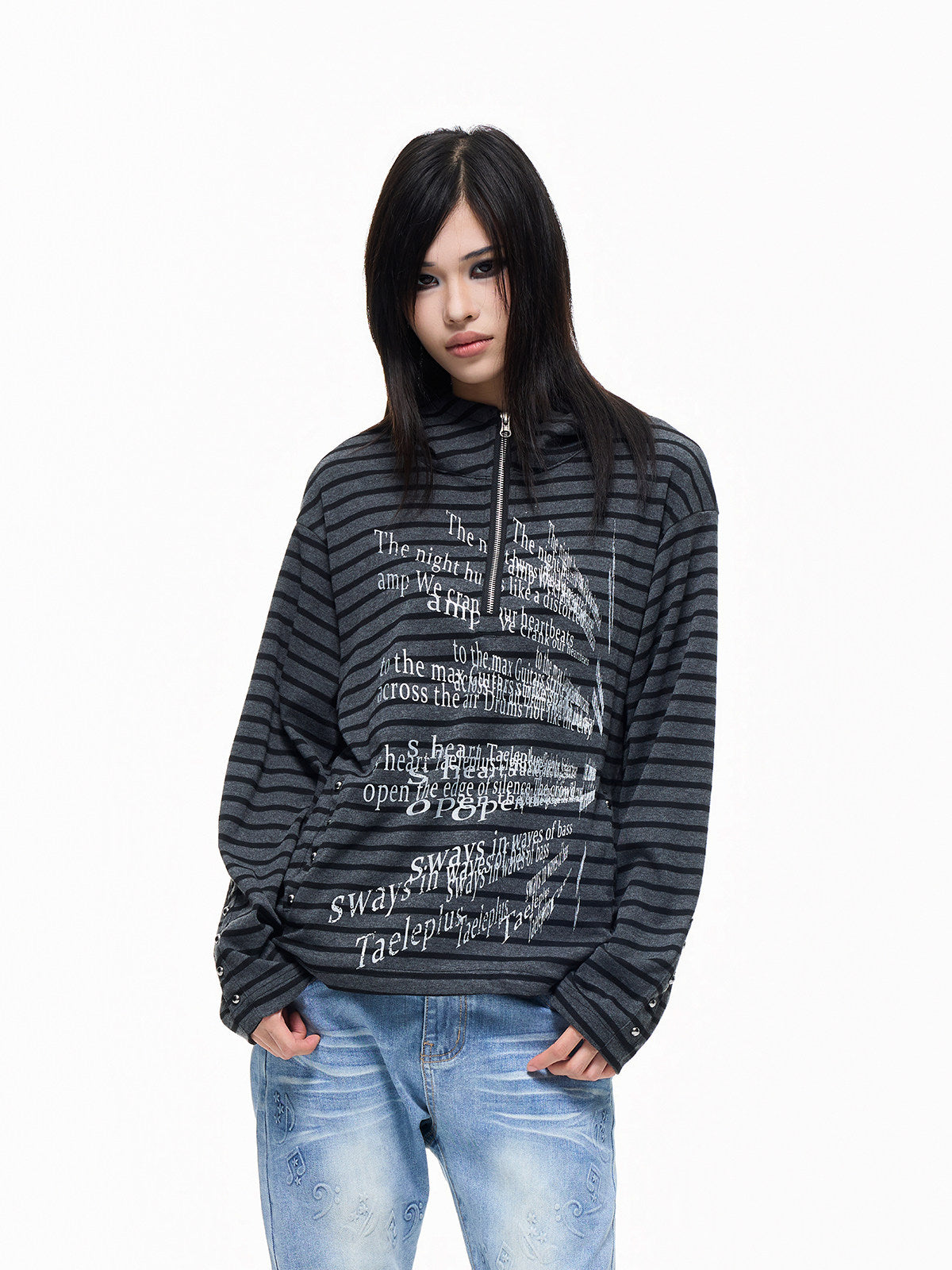 Stripe Slogan Foil Print Stud Zipper Hoodie WN27293