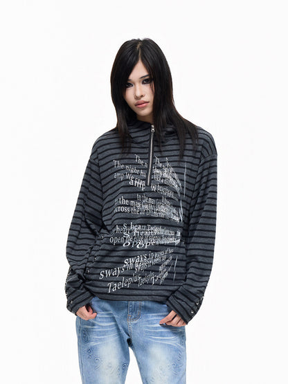 Stripe Slogan Foil Print Stud Zipper Hoodie WN27293