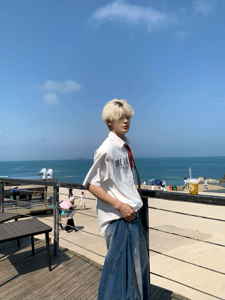 Letter Print Oversize Short Sleeve Shirt WN19918