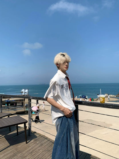 Letter Print Oversize Short Sleeve Shirt WN19918