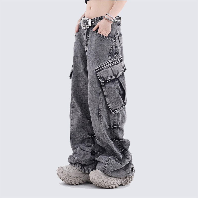 Washed Stacked Wide Leg Cargo Denim Jeans WN27943